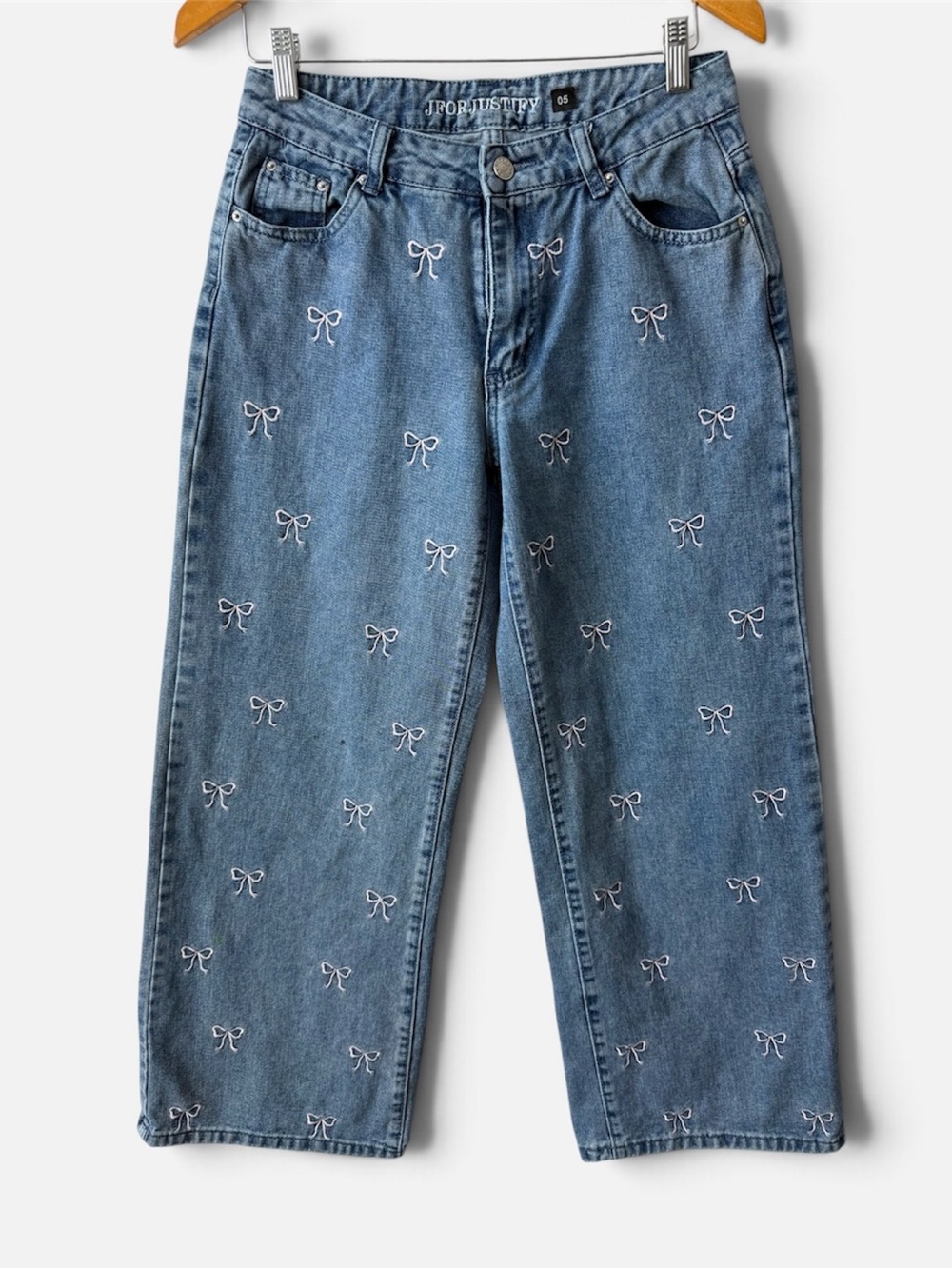 J for Justify Women’s Size 5 Embroidered Pink Bow Jeans Wide Leg Y2K Coquette
